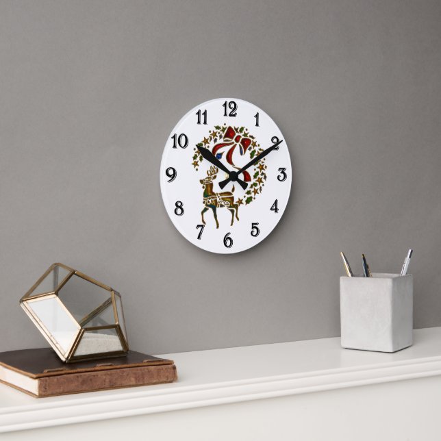 Christmas Reindeer and Stars Round Clock (Office)