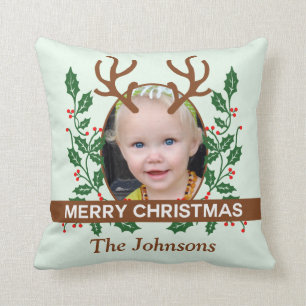 Christmas Reindeer Antlers Personalise Photo Cushion
