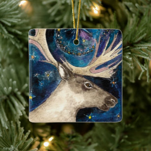 Christmas Reindeer at Night with a Shining Star Ceramic Ornament