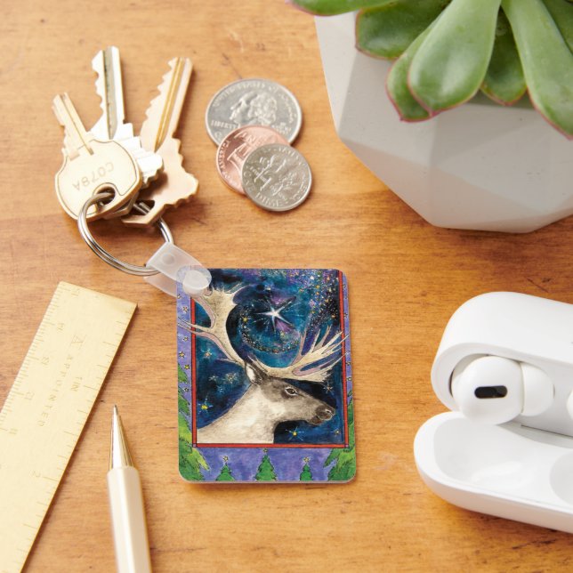 Christmas Reindeer at Night with a Shining Star Key Ring (Desk)