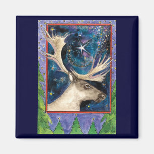 Christmas Reindeer at Night with a Shining Star Magnet