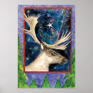 Christmas Reindeer at Night with a Shining Star Poster
