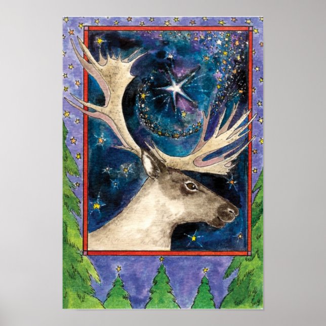 Christmas Reindeer at Night with a Shining Star Poster (Front)