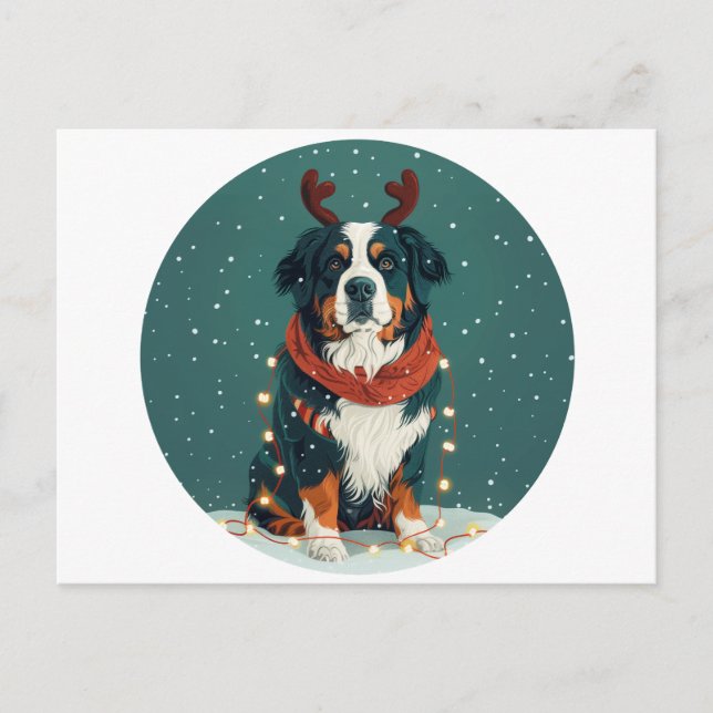 Christmas Reindeer Bernese Mountain Dog Holiday Postcard (Front)