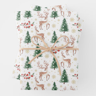 Christmas Reindeer, Berries, Snowflakes, Trees Wrapping Paper Sheet
