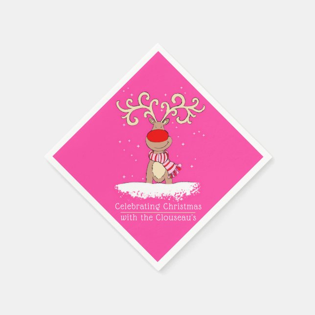 Christmas reindeer big antler pink personalised napkin (Corner)