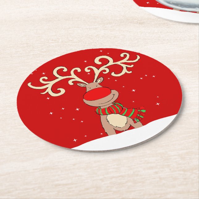 Christmas reindeer big antlers red paper coasters (Angled)