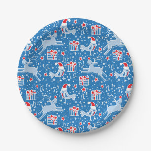 Christmas reindeer bird pattern blue paper plate