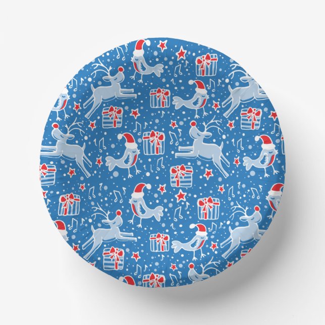 Christmas reindeer bird pattern blue red paper plate (Front)