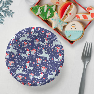 Christmas reindeer bird pattern dark blue red paper plate