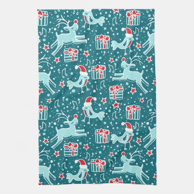 Christmas reindeer bird patterned kitchen towel (Vertical)