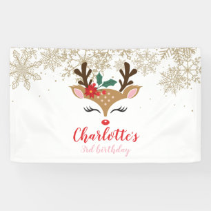 Christmas Reindeer Birthday Gold Snowflakes Banner