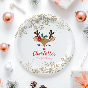 Christmas Reindeer Birthday Gold Snowflakes Paper Plate