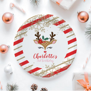 Christmas Reindeer Birthday Gold Snowflakes Stripe Paper Plate