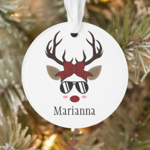 Christmas Reindeer black sunglasses red hair bow  Ornament
