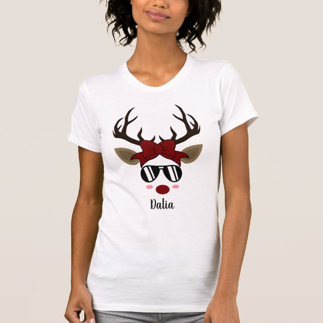 Christmas Reindeer black sunglasses red hair bow   T-Shirt (Front)