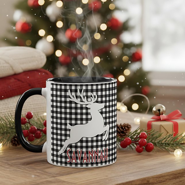 Christmas Reindeer Black & White Plaid Custom Name Mug (Creator Uploaded)