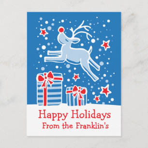 Christmas reindeer blue red white postcard