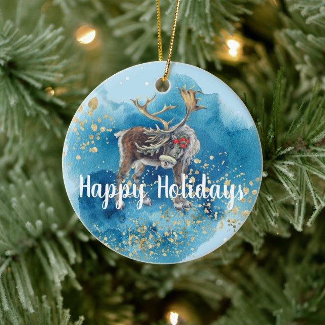 Christmas Reindeer Blue Splash Ceramic Ornament (Tree)
