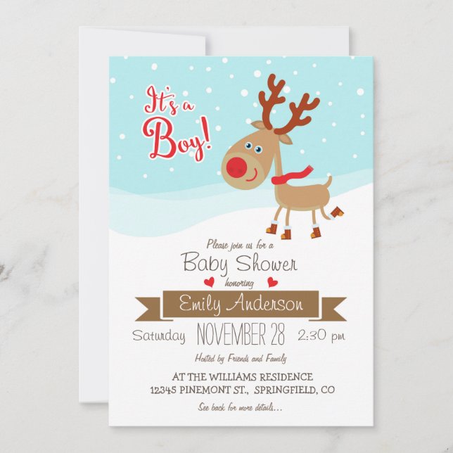 Christmas Reindeer, Boy Baby Shower Invitation (Front)