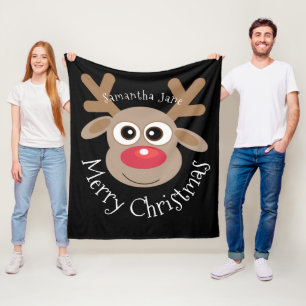 Christmas Reindeer Cartoon Name Cute Black Fleece Blanket