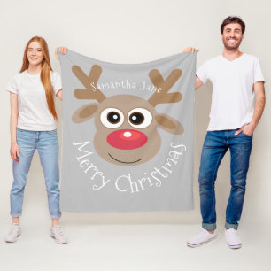 Christmas Reindeer Cartoon Name Cute Grey Fleece Blanket