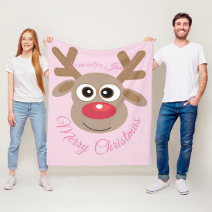 Christmas Reindeer Cartoon Name Girly Pink Fleece Blanket