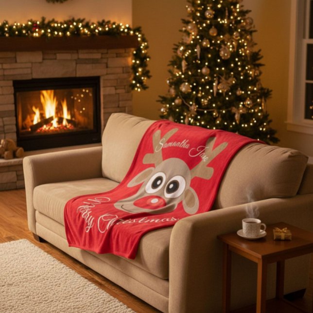 Christmas Reindeer Cartoon Named Red Script Fleece Blanket (Creator Uploaded)
