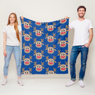 Christmas Reindeer Cartoon Pattern Fun Blue Fleece Blanket