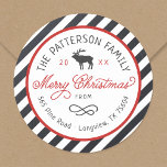 Christmas Reindeer Circle Return Address Label<br><div class="desc">Affordable custom printed round return address stickers personalised with your family name, the year and your return address. This fun design features a striped background, reindeer graphic and modern rustic typography in red, white and charcoal grey colours. The text reads "Merry Christmas" in a trendy script font. Use the design...</div>