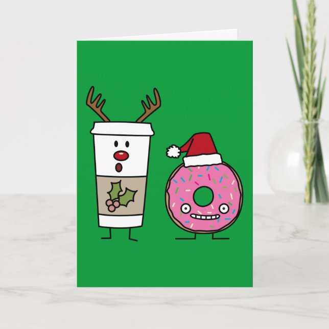 Christmas Reindeer Coffee and Santa Doughnut Holiday Card (Front)