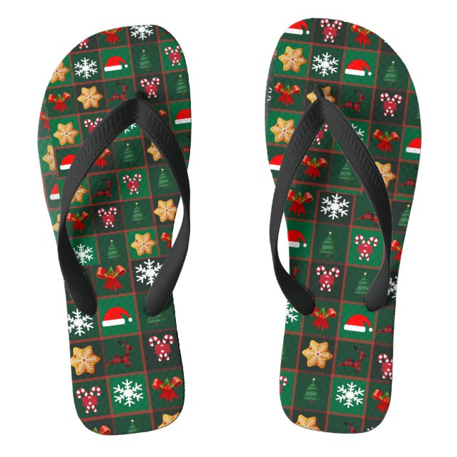 christmas reindeer,cookie, green buffalo plaid   thongs (Footbed)