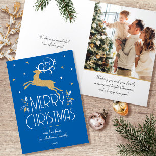 Christmas Reindeer & Custom Photo Blue Gold Holiday Card