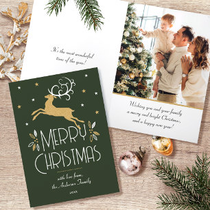 Christmas Reindeer & Custom Photo Dark Green Gold Holiday Card