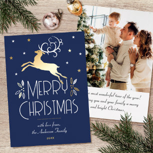 Christmas Reindeer Custom Photo Midnight Blue Foil Holiday Card