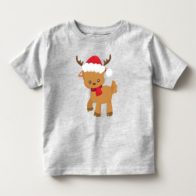 Christmas Reindeer, Cute Reindeer, Santa Hat Toddler T-Shirt (Front)