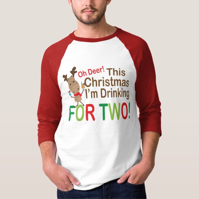 Christmas reindeer drinking for two pregnan T-Shirt (Front)