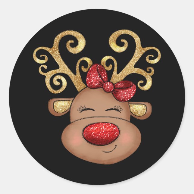 Christmas reindeer face cute red gold black classic round sticker (Front)