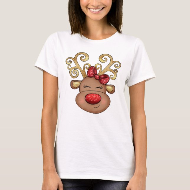 Christmas reindeer face red glitter nose T-Shirt (Front)