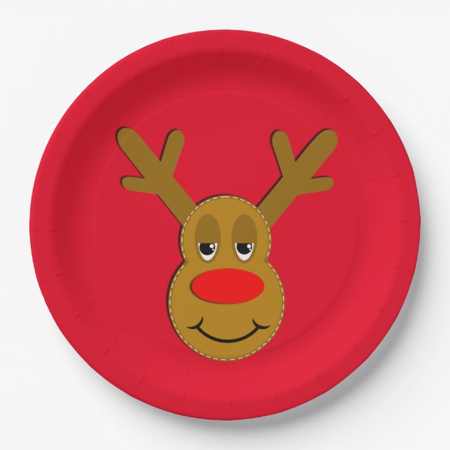 Christmas Reindeer Face Red Paper Plate (Front)