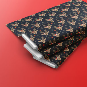 Christmas Reindeer Face Seamless Pattern Black Fabric