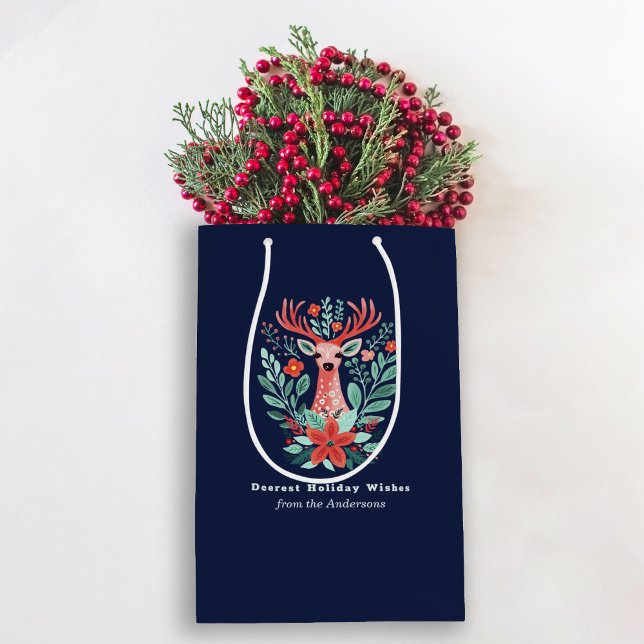 Christmas Reindeer Floral Blue Holiday Medium Gif Medium Gift Bag (Creator Uploaded)