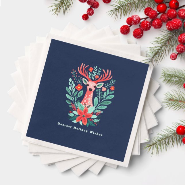 Christmas Reindeer Floral Blue Holiday  Napkin (Creator Uploaded)