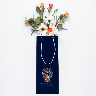 Christmas Reindeer Floral Blue Holiday Wine Gift Bag