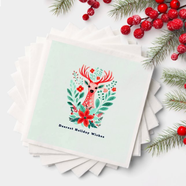 Christmas Reindeer Floral Mint Holiday  Napkin (Creator Uploaded)