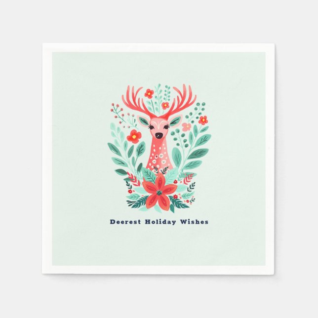 Christmas Reindeer Floral Mint Holiday  Napkin (Front)