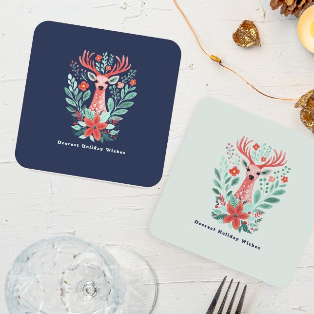 Christmas Reindeer Floral Mint Holiday  Square Paper Coaster (Creator Uploaded)