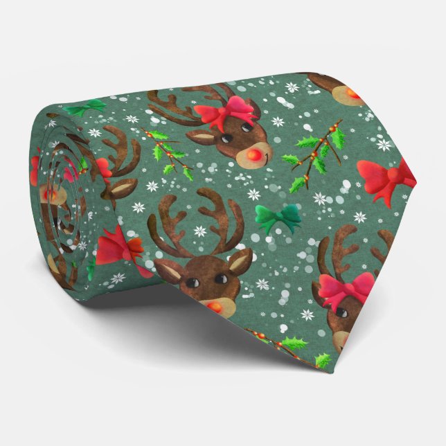 Christmas Reindeer Forest green     Tie (Rolled)