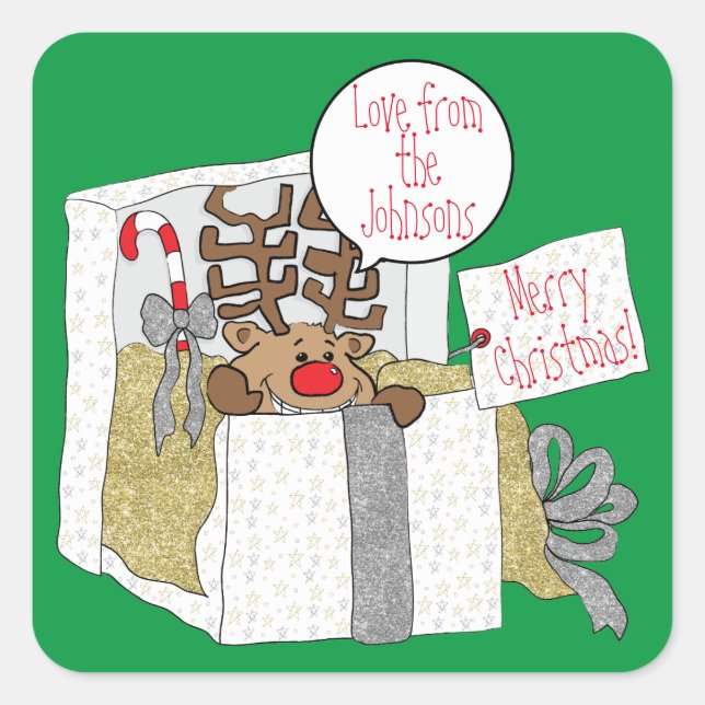 Christmas Reindeer GiftBox Square Sticker (Front)