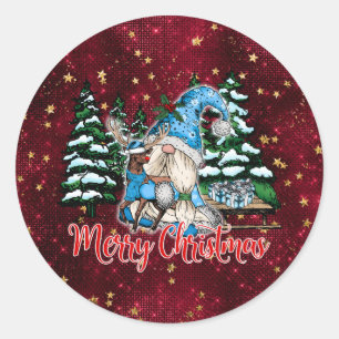 Christmas Reindeer Gnome Burgundy Red Stars Classic Round Sticker